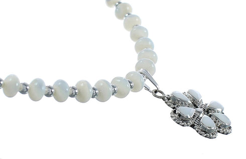 Native American Mother of Pearl And Sterling Silver Flower Pendant Bead Necklace JX125441