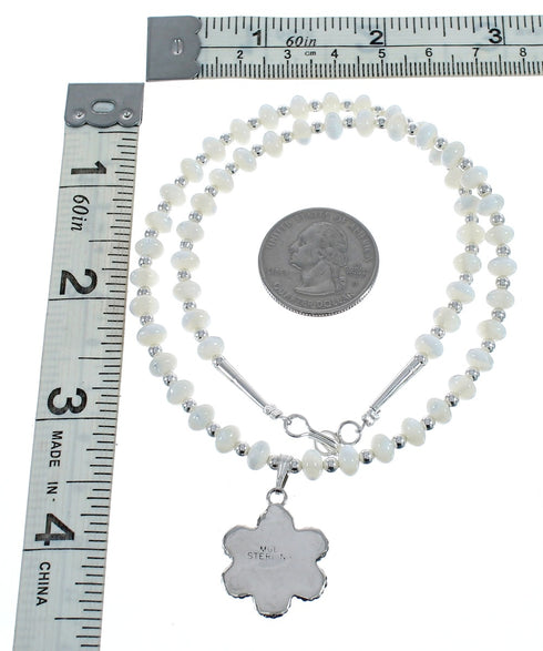 Native American Mother of Pearl And Sterling Silver Flower Pendant Bead Necklace JX125441