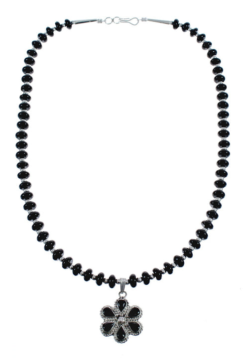 Native American Onyx And Sterling Silver Flower Pendant Bead Necklace JX125437
