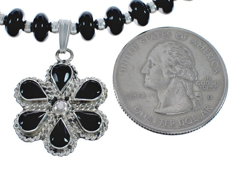 Native American Onyx And Sterling Silver Flower Pendant Bead Necklace JX125437