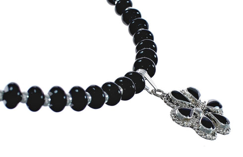 Native American Onyx And Sterling Silver Flower Pendant Bead Necklace JX125437