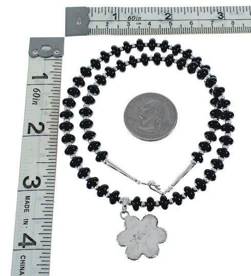 Native American Onyx And Sterling Silver Flower Pendant Bead Necklace JX125437