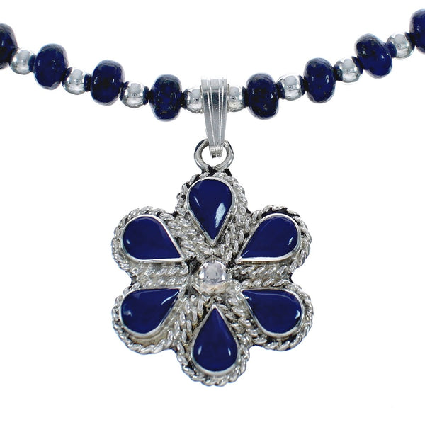 Native American Lapis And Sterling Silver Flower Pendant Bead Necklace JX125439