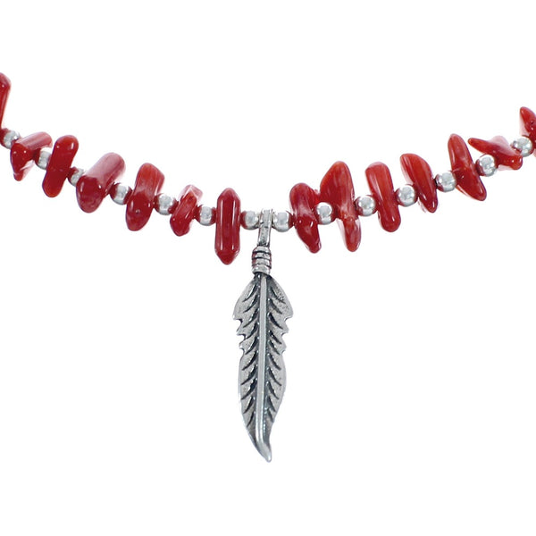 Native American Coral Feather Sterling Silver Bead Necklace JX125419