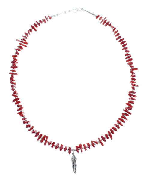 Native American Coral Feather Sterling Silver Bead Necklace JX125419