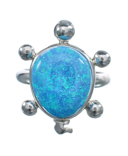 Native American Navajo Blue Opal Sterilng Silver Turtle Ring Size 8-3/4 AX125038
