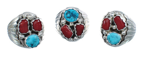 Genuine Sterling Silver Turquoise Coral Navajo Ring Size 10-3/4 AX124914