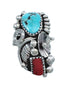 Authentic Sterling Silver Navajo Turquoise Coral Leaf Design Ring Size 7-1/4 AX124933