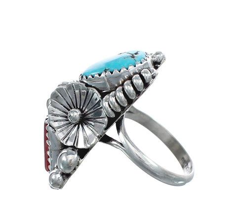 Authentic Sterling Silver Navajo Turquoise Coral Leaf Design Ring Size 5-1/2 AX124932