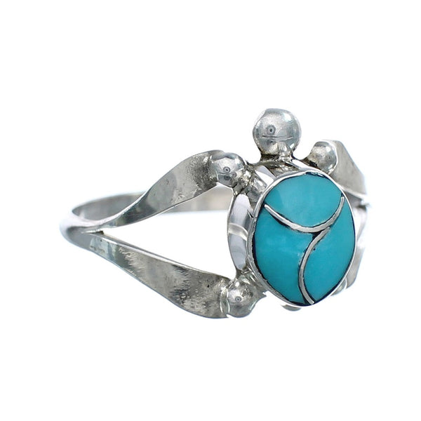 Zuni Sterling Silver Turquoise Inlay Turtle Ring Size 7-1/2 AX125040