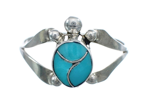 Zuni Sterling Silver Turquoise Inlay Turtle Ring Size 6-1/4 AX124892