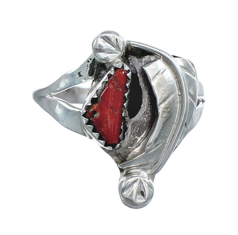 Zuni Coral Genuine Sterling Silver Leaf Ring Size 7-1/2 AX124925