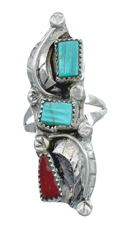 Sterling Silver Zuni Turquoise Coral Leaf Design Ring Size 5-3/4 JX130523