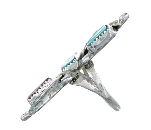 Sterling Silver Zuni Turquoise Coral Leaf Design Ring Size 5-3/4 JX130523