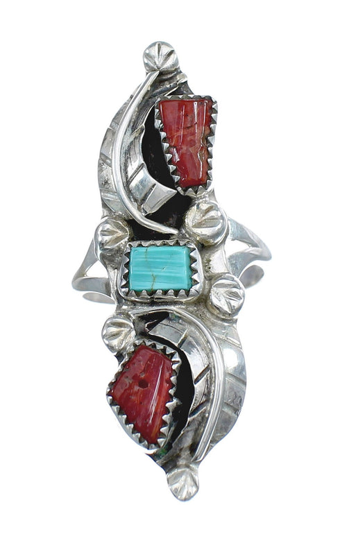 Sterling Silver Zuni Turquoise Coral Leaf Design Ring Size 6-1/4 AX125028