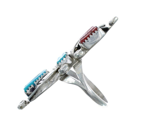 Sterling Silver Zuni Turquoise Coral Leaf Design Ring Size 6-3/4 AX125029