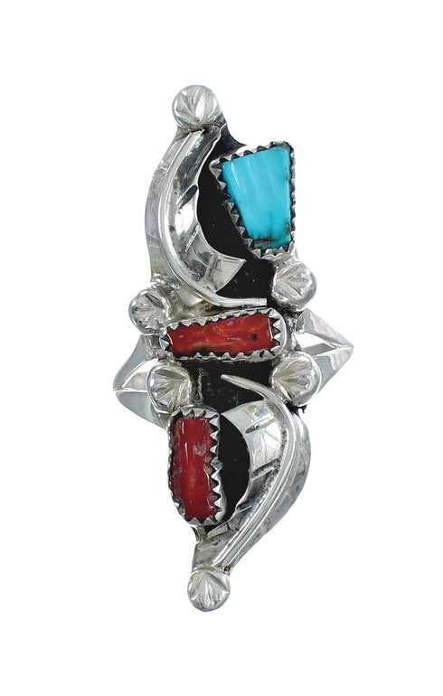 Sterling Silver Zuni Turquoise Coral Leaf Design Ring Size 7 AX125031