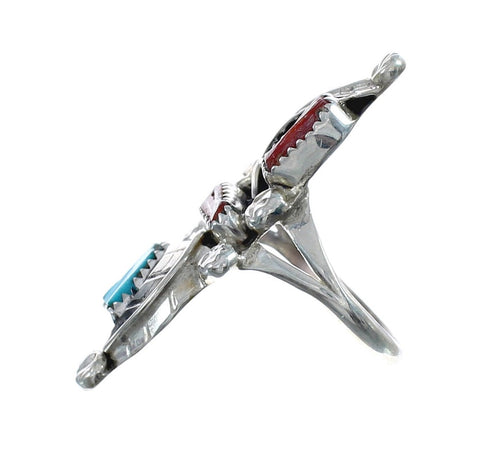 Sterling Silver Zuni Turquoise Coral Leaf Design Ring Size 7 AX125031