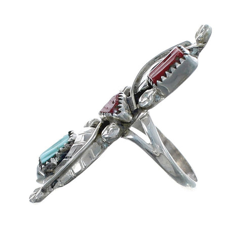 Sterling Silver Zuni Turquoise Coral Leaf Design Ring Size 6 AX125033
