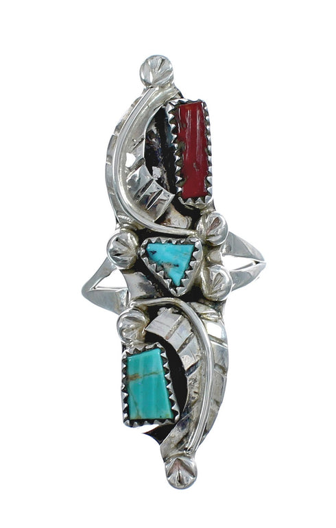 Sterling Silver Zuni Turquoise Coral Leaf Design Ring Size 6-3/4 AX125034