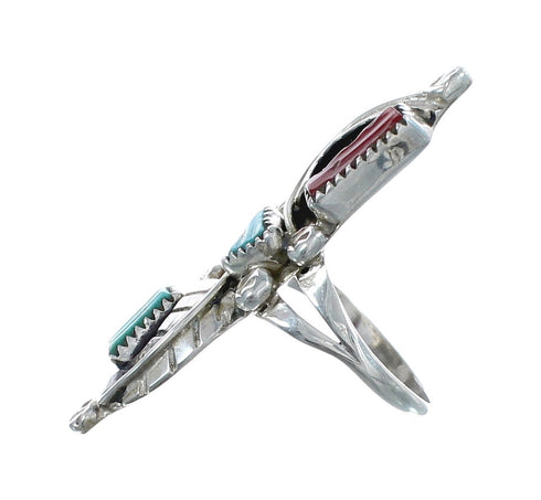 Sterling Silver Zuni Turquoise Coral Leaf Design Ring Size 6-3/4 AX125034