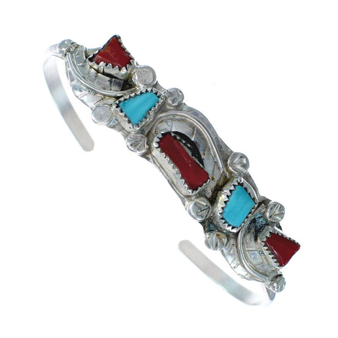 Genuine Sterling Silver Turquoise and Coral Zuni Leaf Cuff Bracelet JX124975