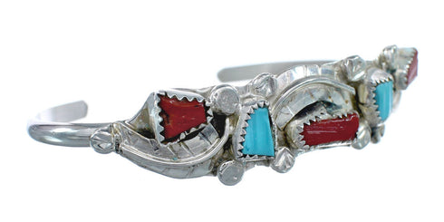 Genuine Sterling Silver Turquoise and Coral Zuni Leaf Cuff Bracelet JX124975