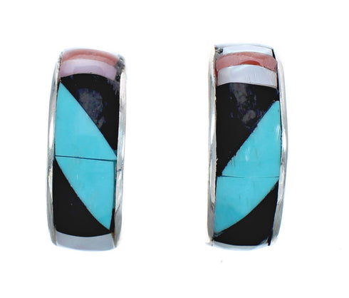 Multicolor Inlay Zuni Indian Sterling Silver Post Hoop Earrings AX125410