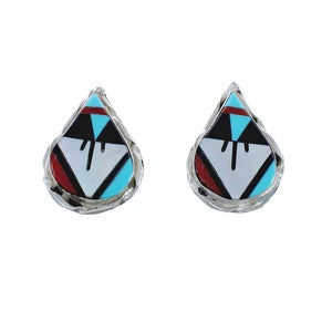 Zuni Multicolor Inlay Tear Drop Sterling Silver Post Earrings AX125099