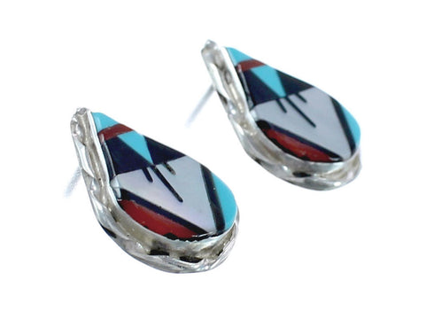 Zuni Multicolor Inlay Tear Drop Sterling Silver Post Earrings AX125099