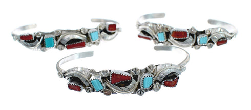 Genuine Sterling Silver Turquoise and Coral Zuni Leaf Cuff Bracelet JX125315