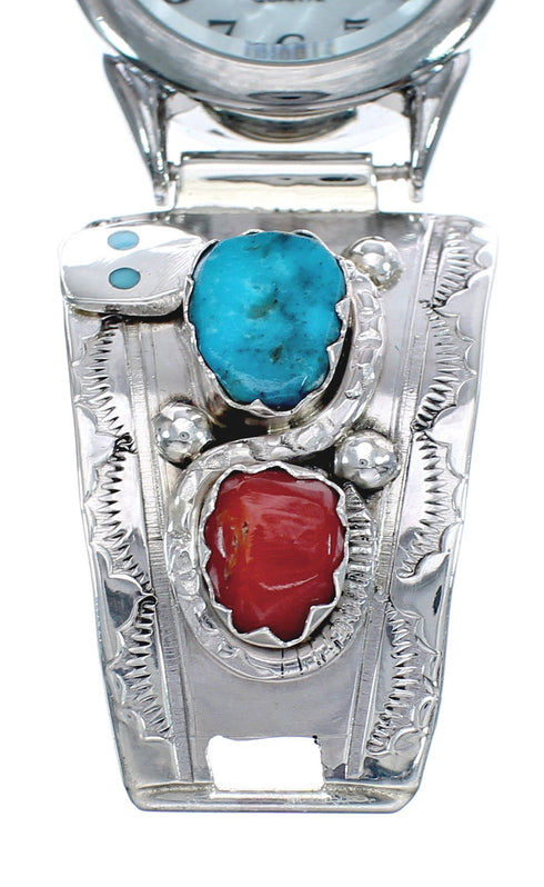 Native American Snake Zuni Sterling Silver Turquoise And Coral Watch AX125222