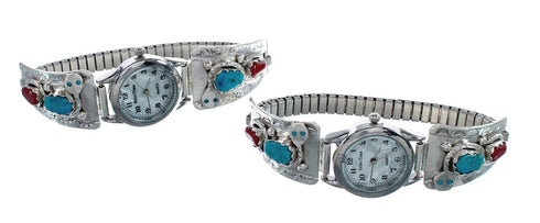 Native American Snake Zuni Sterling Silver Turquoise And Coral Watch AX125222