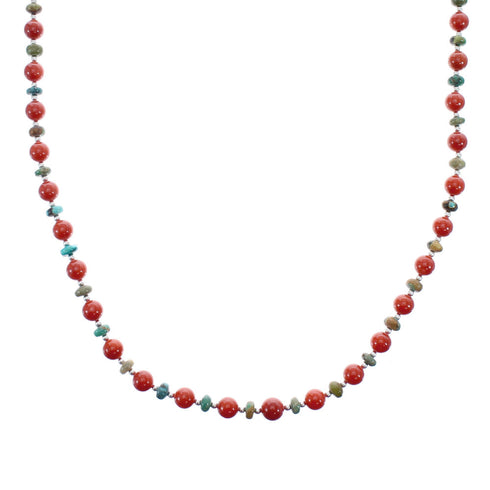 Native American Turquoise and Coral Bead Sterling Silver Necklace JX125534