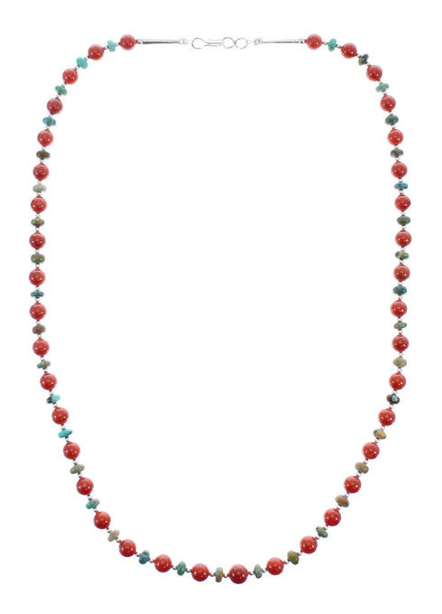 Native American Turquoise and Coral Bead Sterling Silver Necklace JX125534