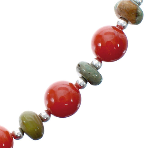 Native American Turquoise and Coral Bead Sterling Silver Necklace JX125534