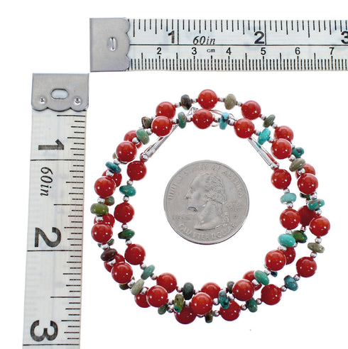 Native American Turquoise and Coral Bead Sterling Silver Necklace JX125534