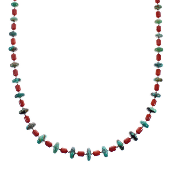 Native American Navajo Turquoise and Coral Bead Sterling Silver Necklace JX125510