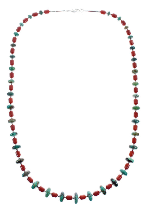 Native American Navajo Turquoise and Coral Bead Sterling Silver Necklace JX125510