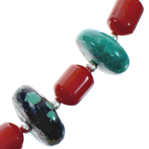 Native American Navajo Turquoise and Coral Bead Sterling Silver Necklace JX125510