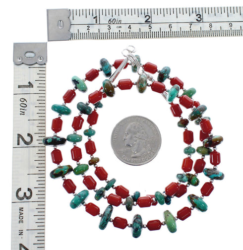 Native American Navajo Turquoise and Coral Bead Sterling Silver Necklace JX125510