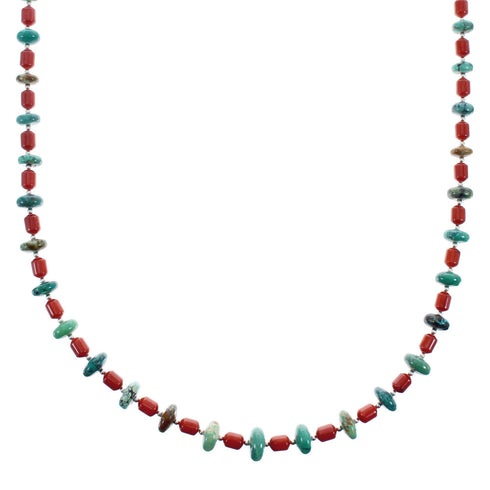 Native American Navajo Turquoise and Coral Bead Sterling Silver Necklace JX125511