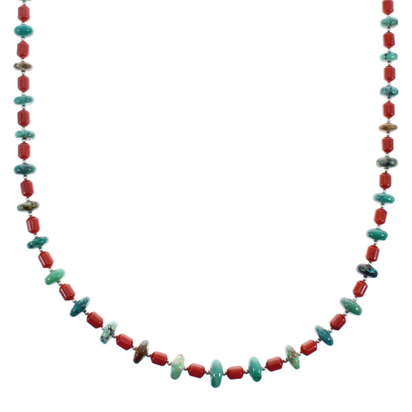 Native American Navajo Turquoise and Coral Bead Sterling Silver Necklace JX125511