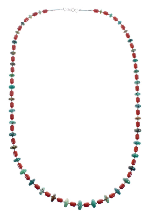Native American Navajo Turquoise and Coral Bead Sterling Silver Necklace JX125511
