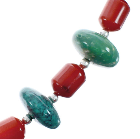 Native American Navajo Turquoise and Coral Bead Sterling Silver Necklace JX125511