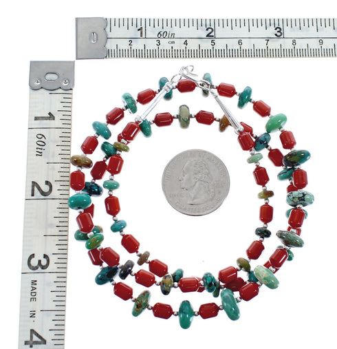 Native American Navajo Turquoise and Coral Bead Sterling Silver Necklace JX125511