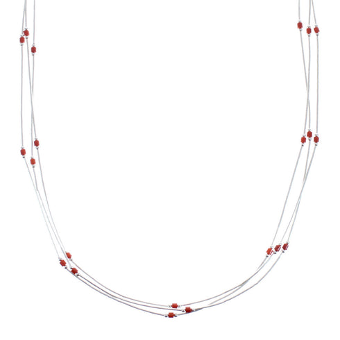 Native American Coral Hand Strung Liquid Silver 3-Strand Necklace JX125529