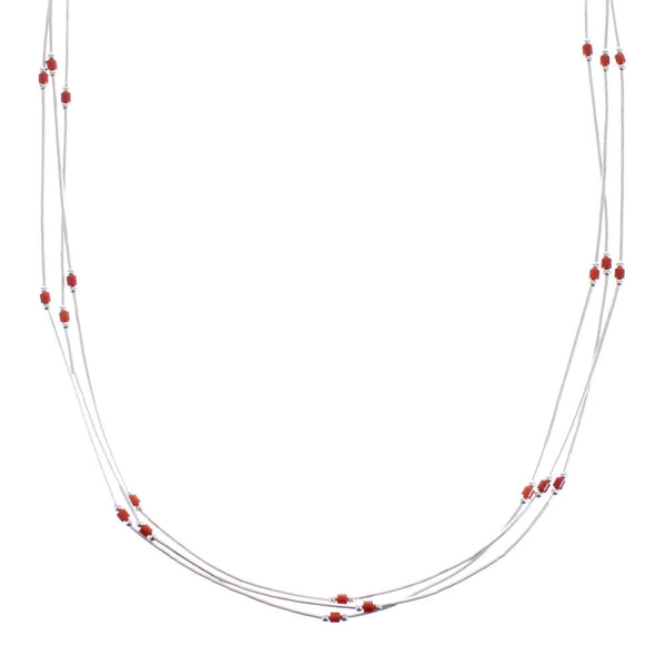 Native American Coral Hand Strung Liquid Silver 3-Strand Necklace JX125529