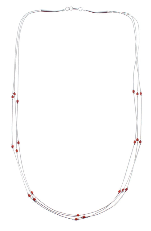 Native American Coral Hand Strung Liquid Silver 3-Strand Necklace JX125529