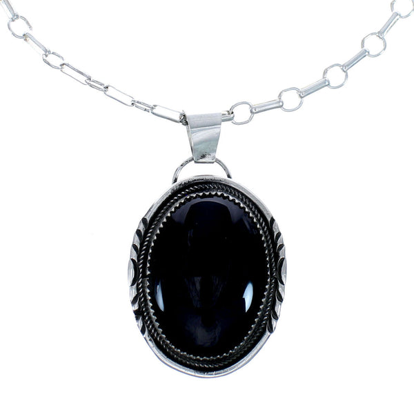 Genuine Sterling Silver Navajo Onyx Pendant Chain Necklace JX125544